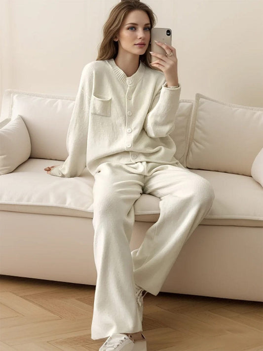 Pocketed Round Neck Button Up Cardigan and Pants Sweater Set - Trendsi