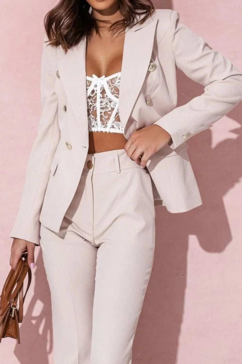 Full Size Lapel Collar Long Sleeve Blazer and Pants Set Plus Size - Trendsi - Flyclothing LLC
