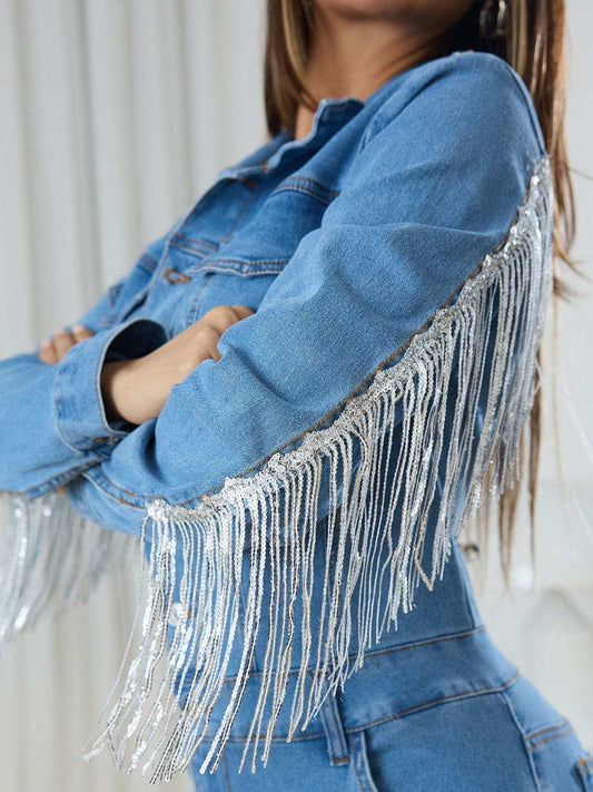 Fringe Half Button Long Sleeve Denim Jumpsuit - Trendsi - Flyclothing LLC