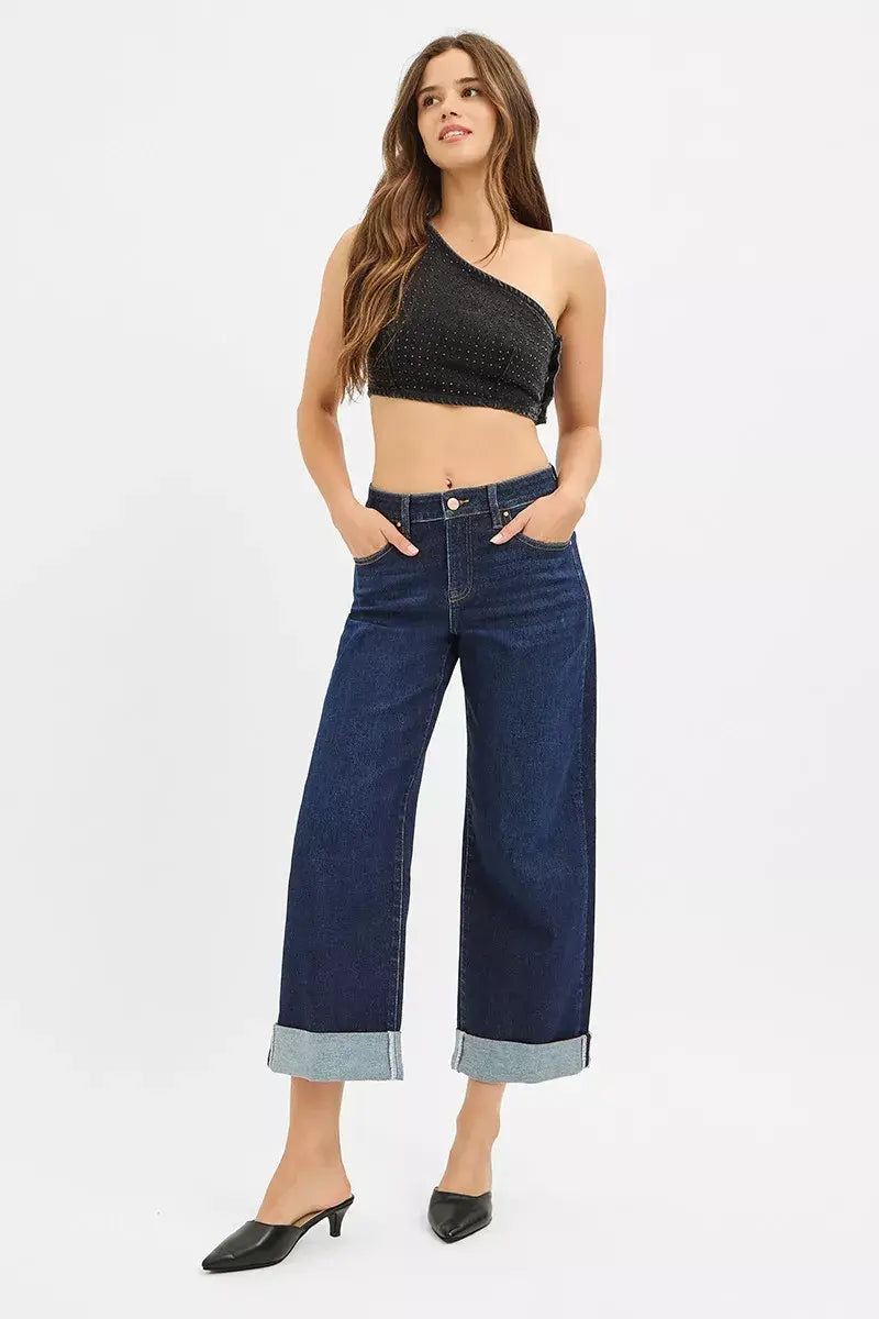 RISEN Mid Rise Fit Ankle Wide Roll Up Jeans - Trendsi - Flyclothing LLC