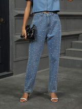 Pearl Detail Straight Jeans with Pockets - Trendsi - Flyclothing LLC