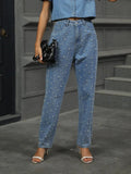 Pearl Detail Straight Jeans with Pockets - Trendsi