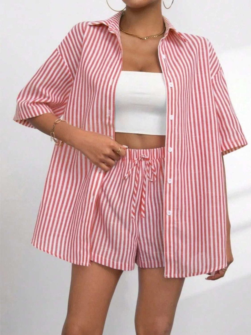 Striped Button Up Shirt and Shorts Set - Trendsi - Flyclothing LLC