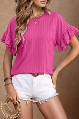 Round Neck Flounce Sleeve Blouse - Trendsi - Flyclothing LLC