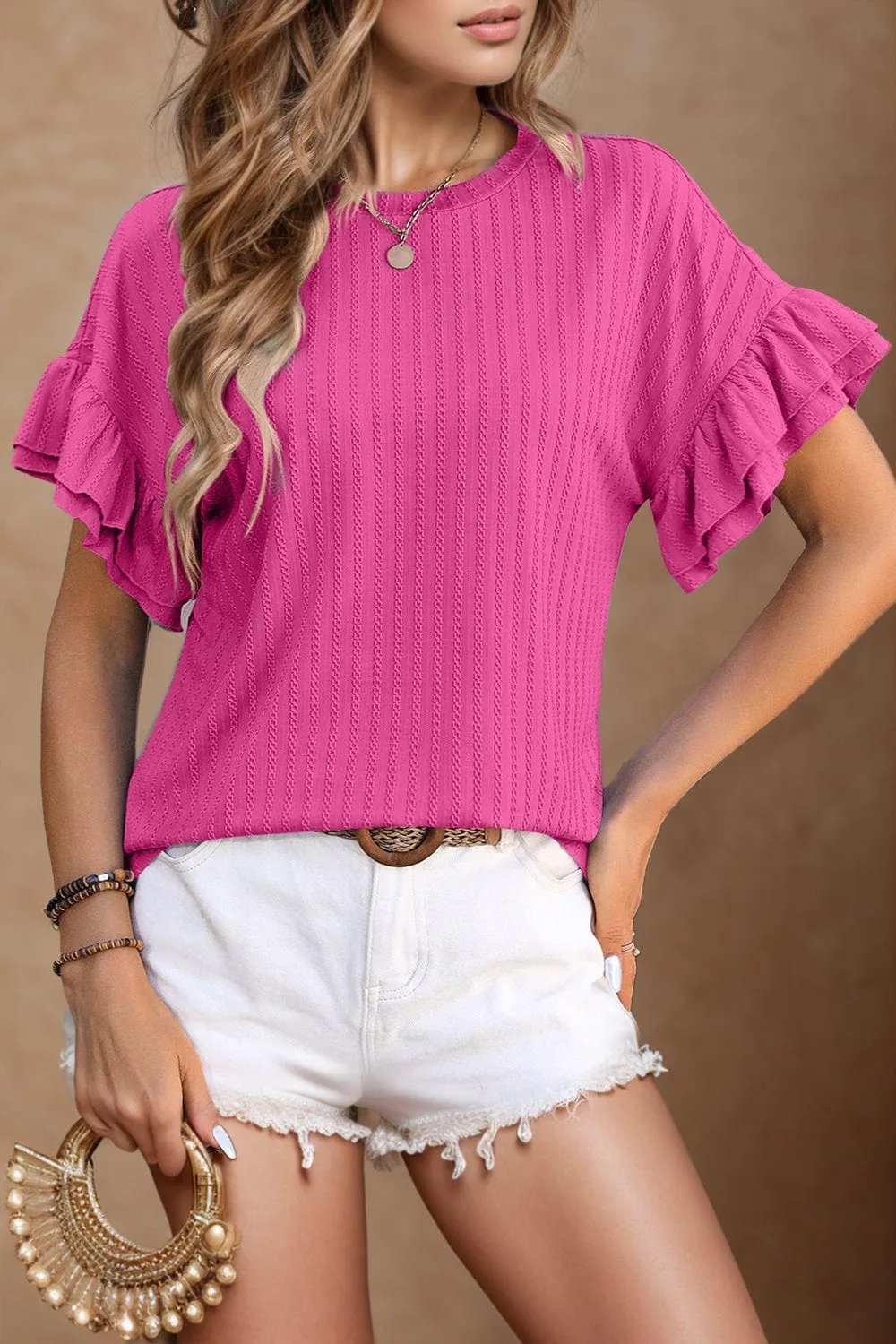 Round Neck Flounce Sleeve Blouse - Trendsi - Flyclothing LLC