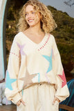 POL V-Neck Long Sleeve Star Fringe Sweater - Trendsi
