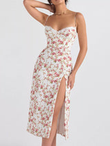 Floral Print Lace Trim Slit Midi Dress - Trendsi - Flyclothing LLC