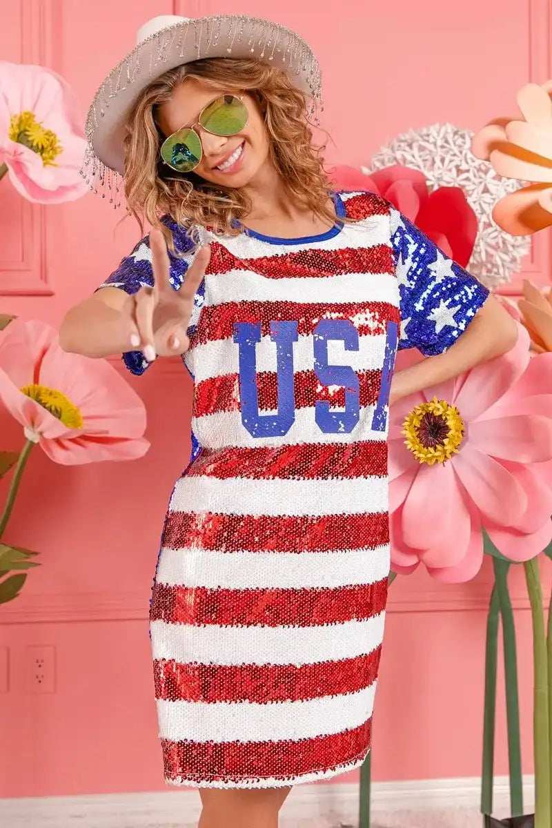 BiBi American Flag Theme Usa Print Sequin Dress - Trendsi - Flyclothing LLC