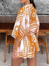 Printed Tie Waist Half Sleeve Romper - Trendsi - Flyclothing LLC