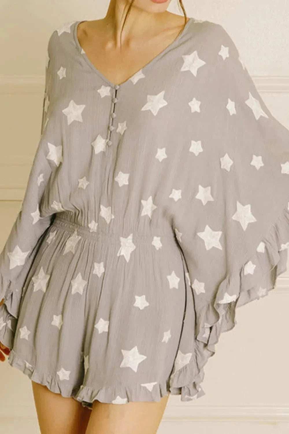 Star Print Crinkle Textured Kimono Ruffle Sleeve Romper - Trendsi - Flyclothing LLC
