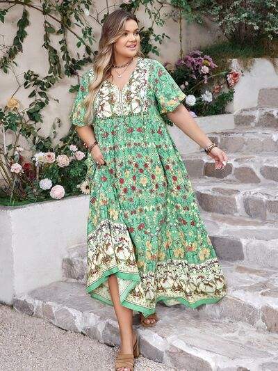 Plus Size Floral Tie Neck Flutter Sleeve Maxi Dress - Trendsi - Flyclothing LLC