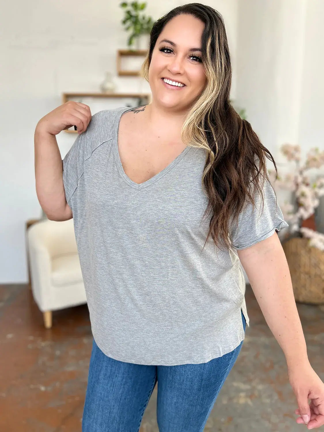 Basic Bae Full Size Bamboo Slit V-Neck Short Sleeve T-Shirt - ShopBasicbae - Flyclothing LLC