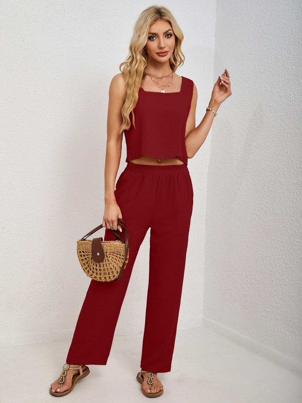 Square Neck Tank and Wide Leg Pants Set - Trendsi - Flyclothing LLC