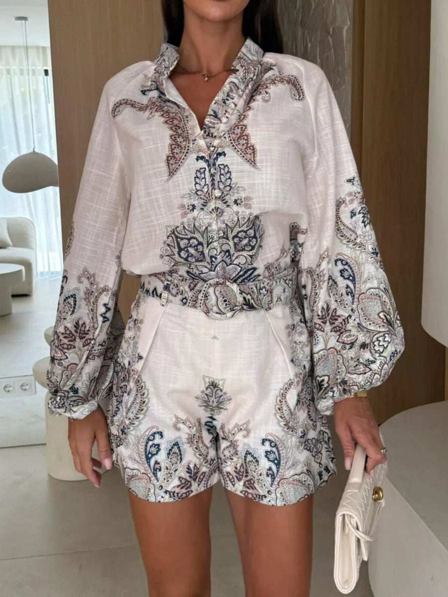 Printed Long Sleeve Shirt and Shorts Set - Trendsi - Flyclothing LLC