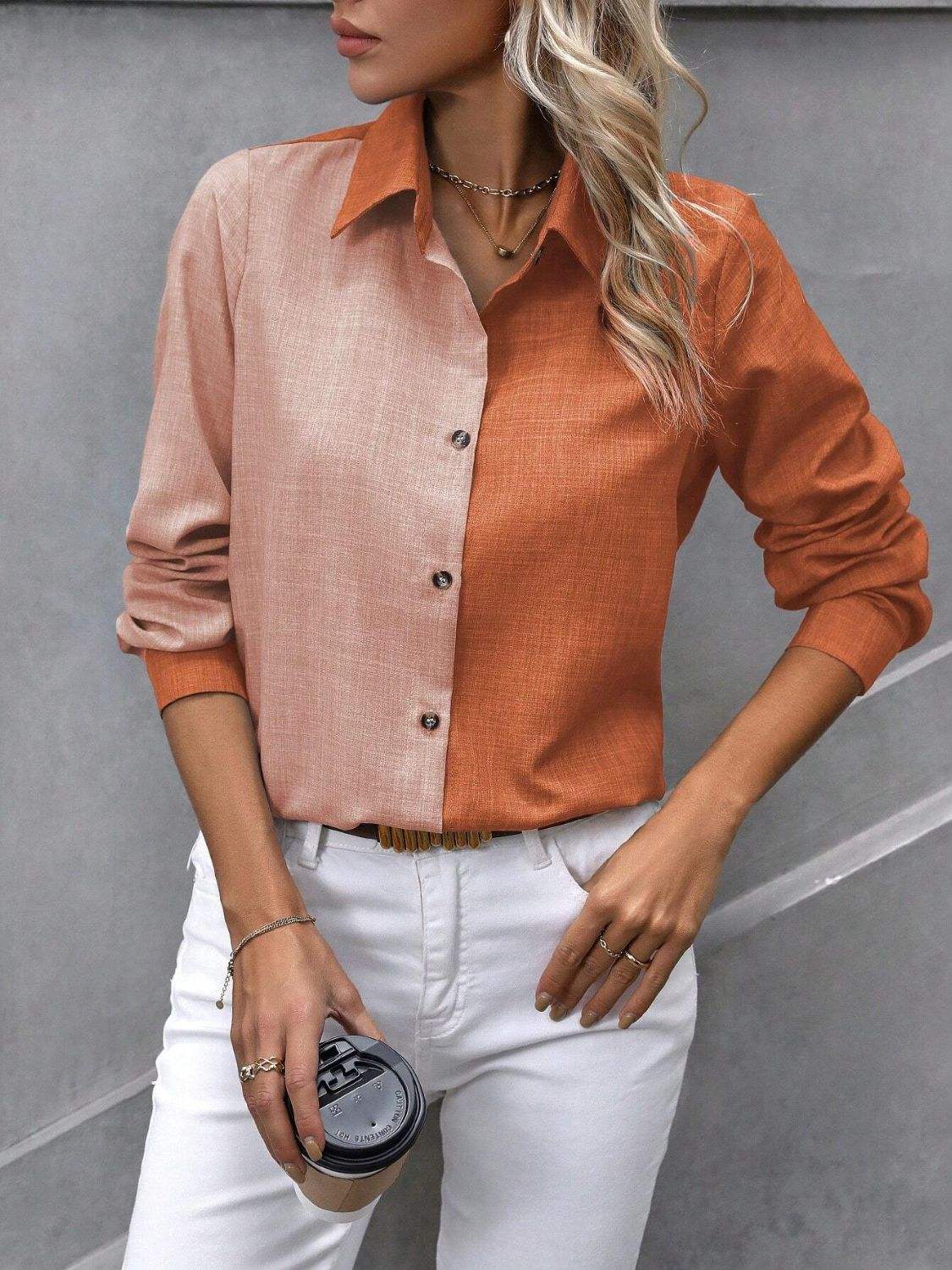 Contrast Collared Neck Long Sleeve Shirt - Trendsi - Flyclothing LLC