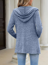 Ribbed Knit Hooded Button-Down Cardigan - Trendsi - Flyclothing LLC