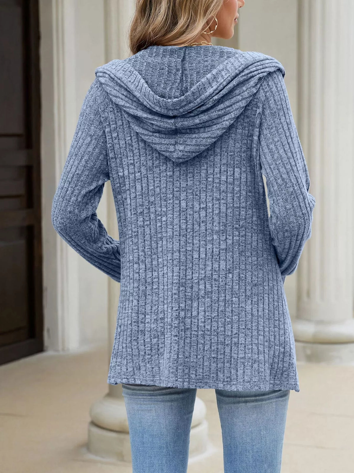 Ribbed Knit Hooded Button-Down Cardigan - Trendsi - Flyclothing LLC