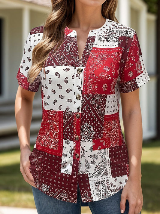 Printed Notched Short Sleeve Blouse - Trendsi