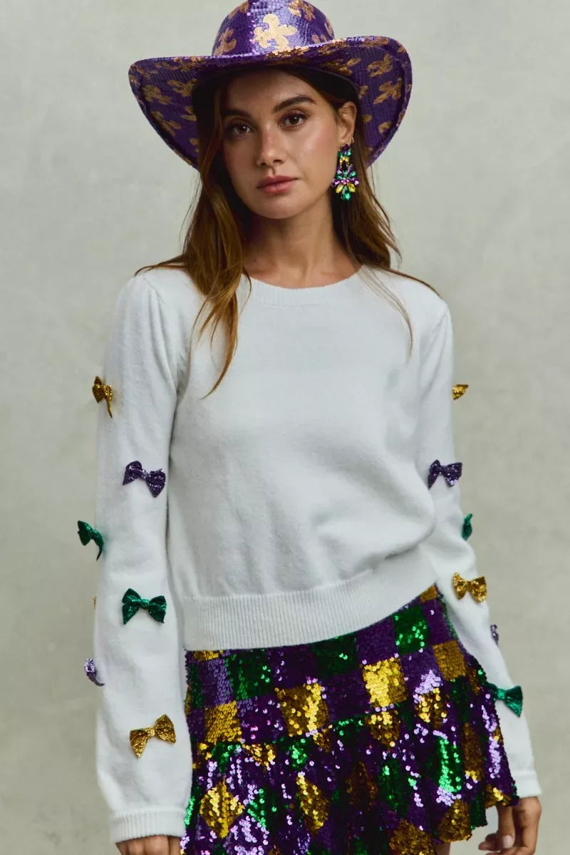 SO ME Mardi Gras Glitter Bow Ribbon Sweater Knit Top - Trendsi - Flyclothing LLC