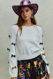 SO ME Mardi Gras Glitter Bow Ribbon Sweater Knit Top - Trendsi - Flyclothing LLC