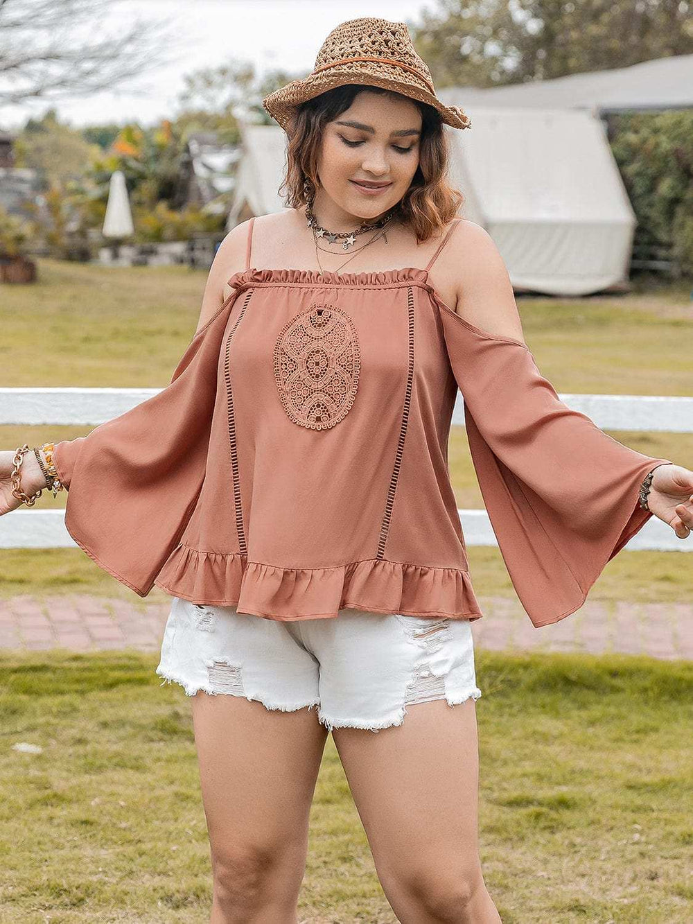Plus Size Frill Square Neck Long Sleeve Blouse - Trendsi - Flyclothing LLC