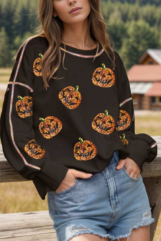 Sequin Pumpkin Round Neck Long Sleeve Sweatshirt - Trendsi - Flyclothing LLC