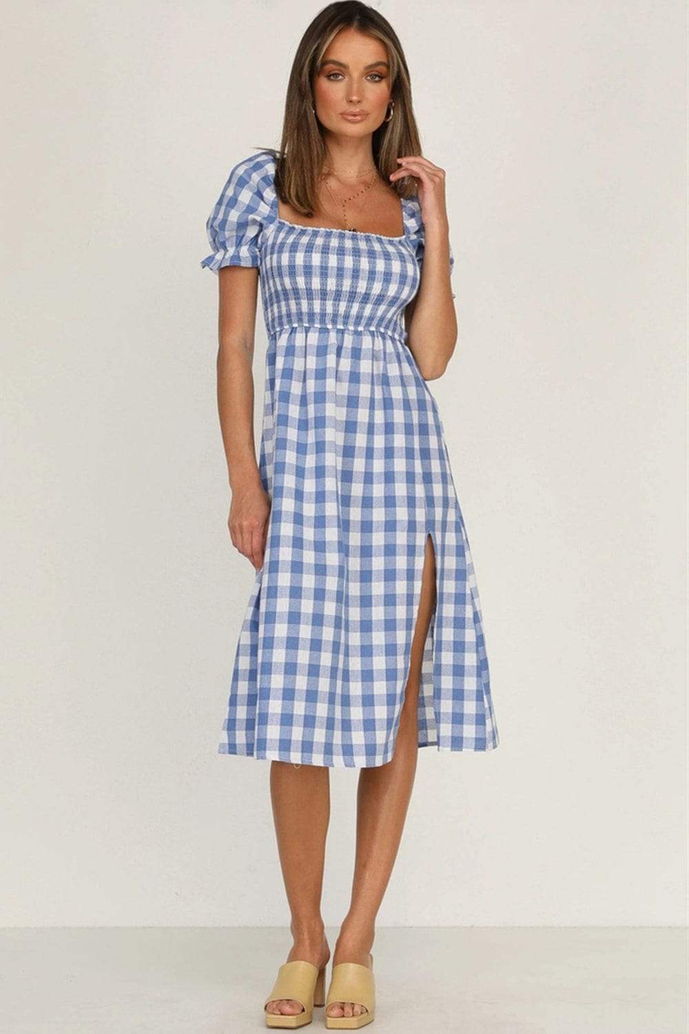 Full Size Slit Plaid Short Sleeve Midi Dress - Trendsi - Flyclothing LLC