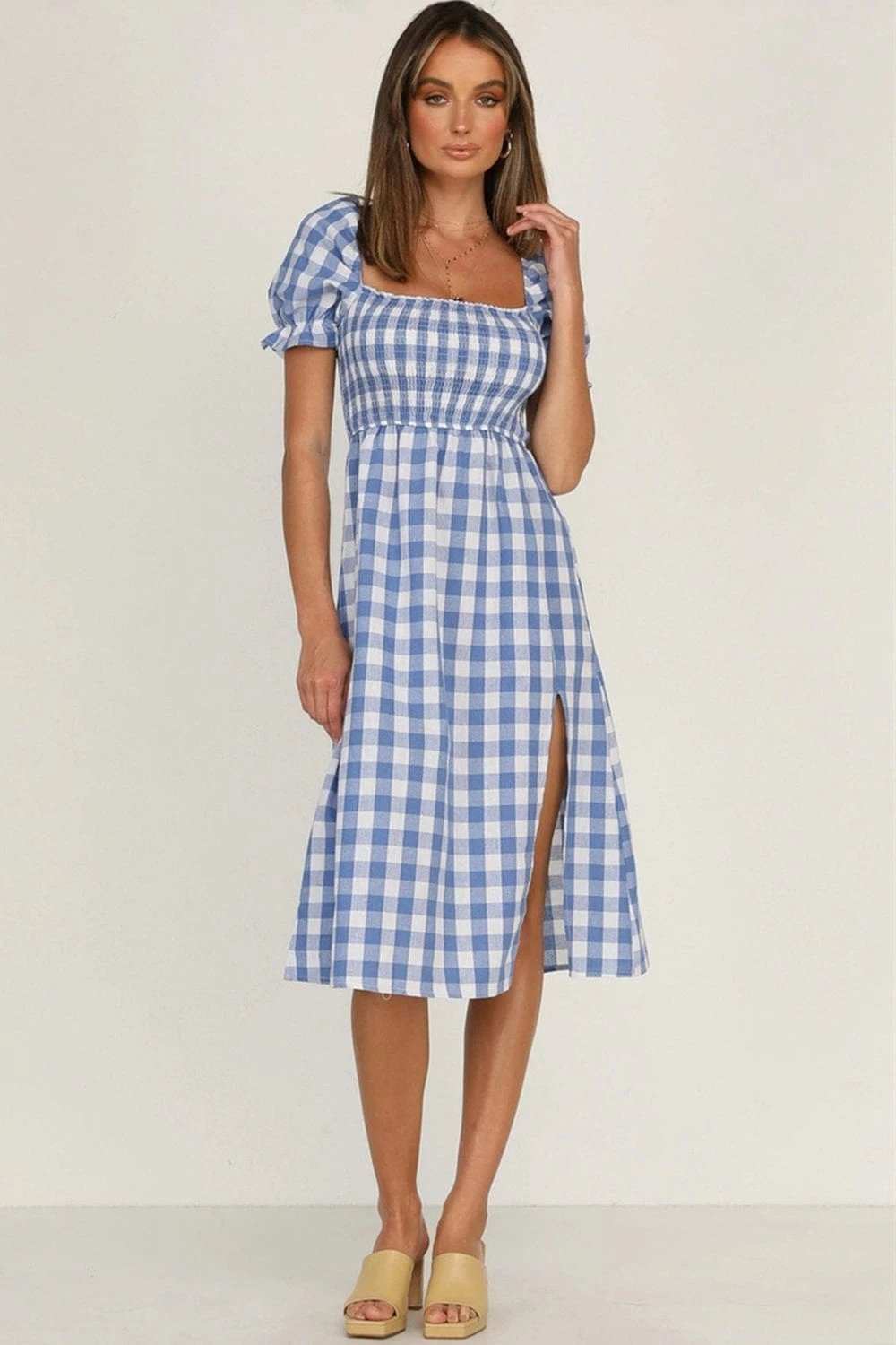 Full Size Slit Plaid Short Sleeve Midi Dress - Trendsi - Flyclothing LLC
