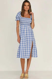 Full Size Slit Plaid Short Sleeve Midi Dress - Trendsi - Flyclothing LLC