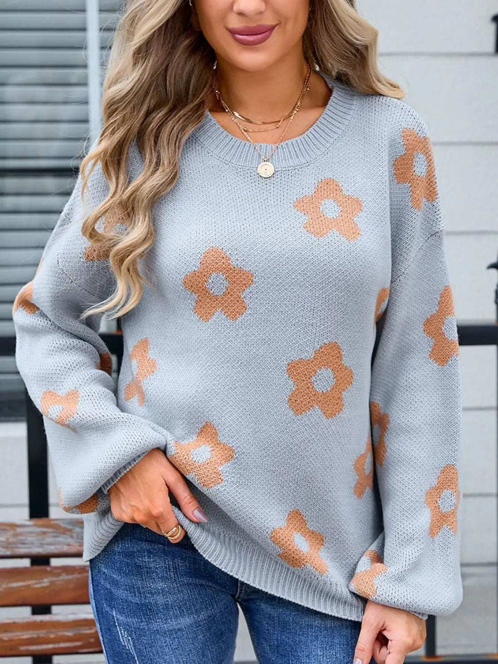 Flower Round Neck Dropped Shoulder Sweater - Trendsi - Flyclothing LLC