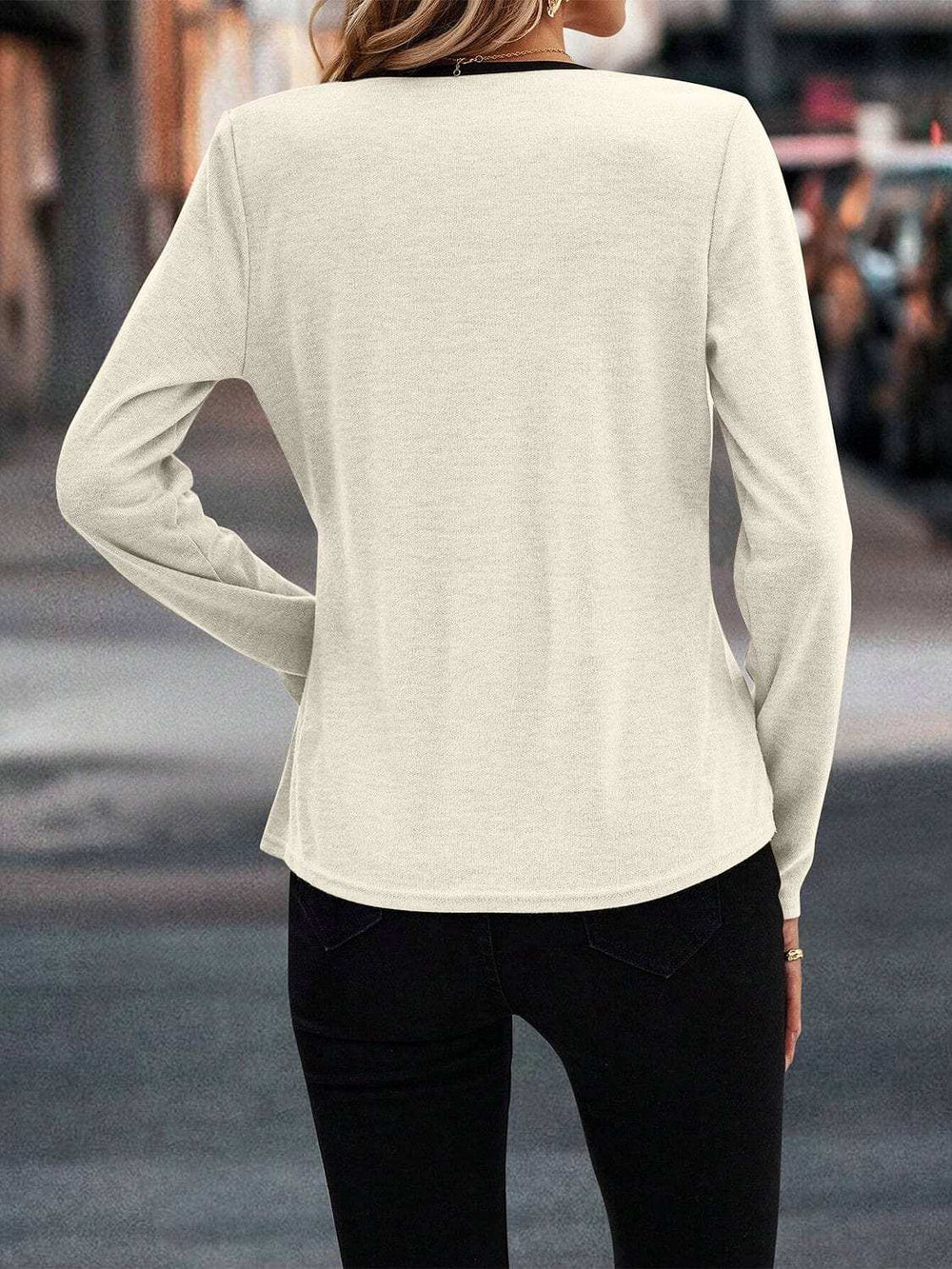 Full Size Crisscross Contrast Trim Long Sleeve T-Shirt - Trendsi - Flyclothing LLC