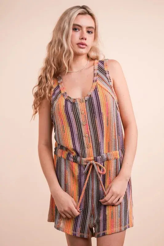 VERY J Crochet Multi Color Striped Casual Summer Romper - Trendsi - Flyclothing LLC