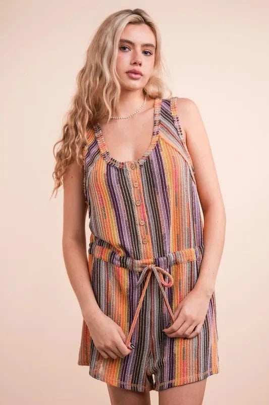 VERY J Crochet Multi Color Striped Casual Summer Romper - Trendsi - Flyclothing LLC