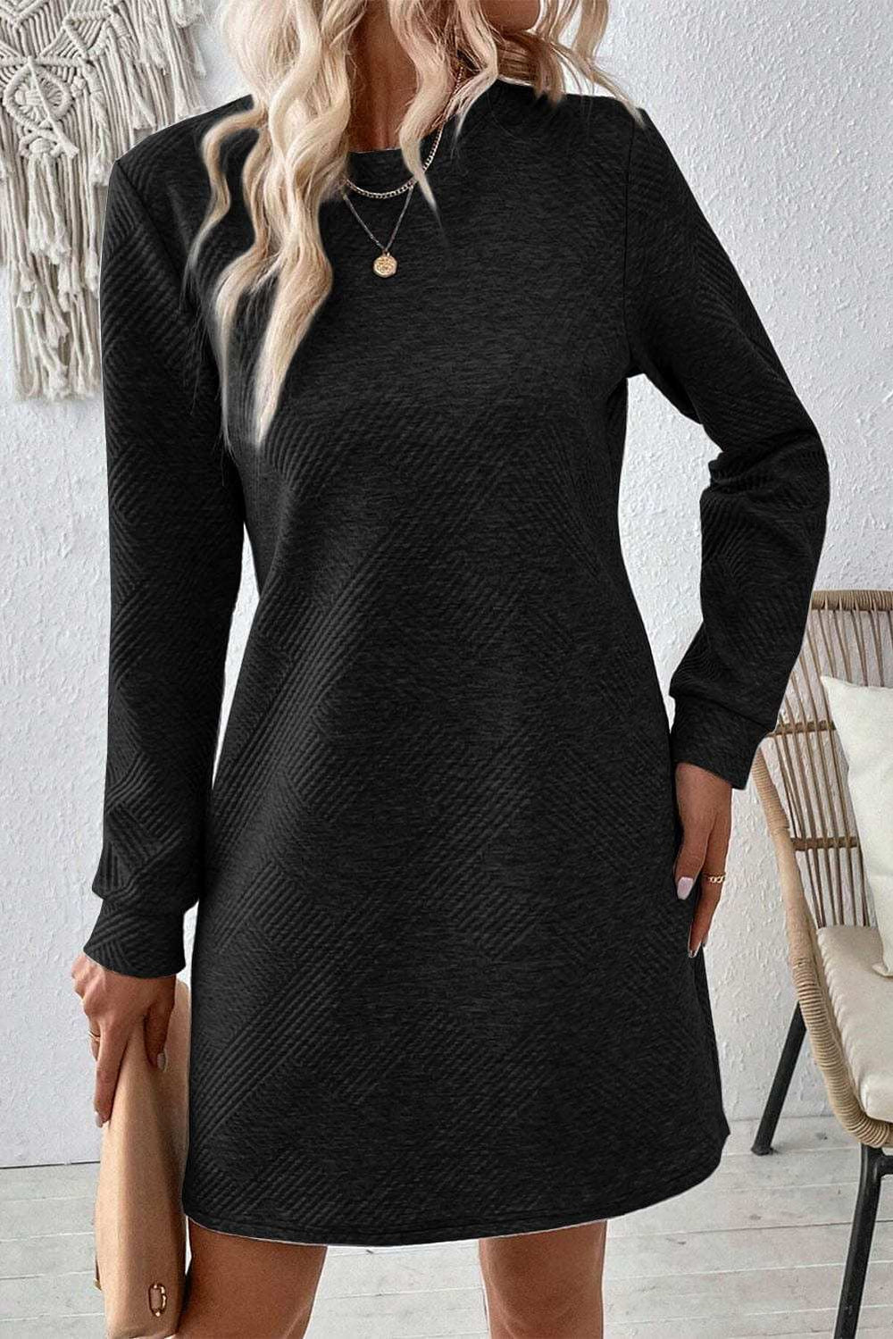 Textured Round Neck Long Sleeve Mini Dress - Trendsi - Flyclothing LLC