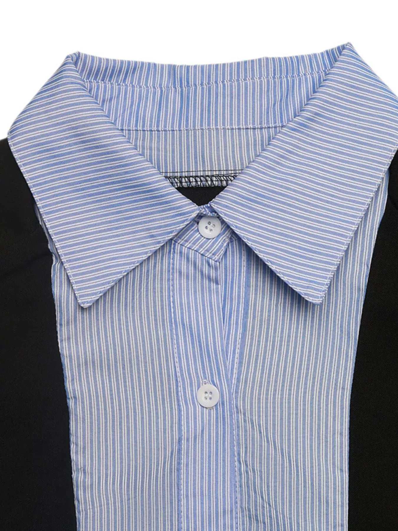 Striped Collar Long Sleeve Fake Two-Piece Blazer - Trendsi - Flyclothing LLC