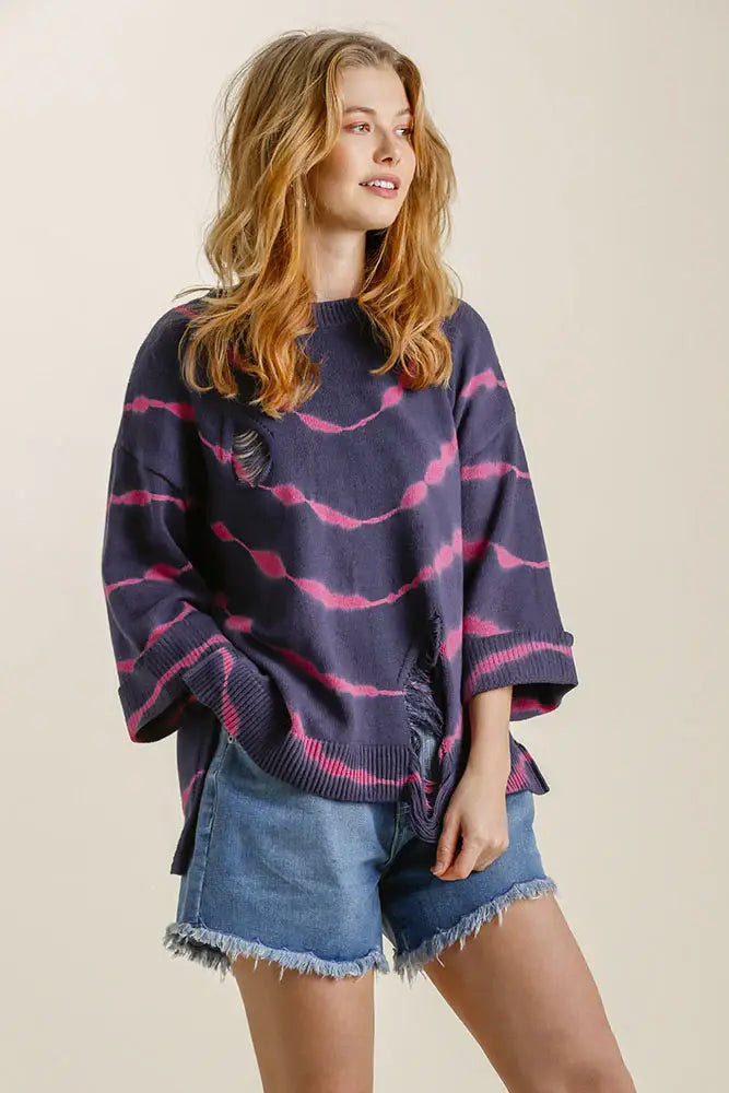 Umgee Full Size Tie Dye Side Slit Round Neck Distressed Detail Sweater Plus Size - Trendsi - Flyclothing LLC