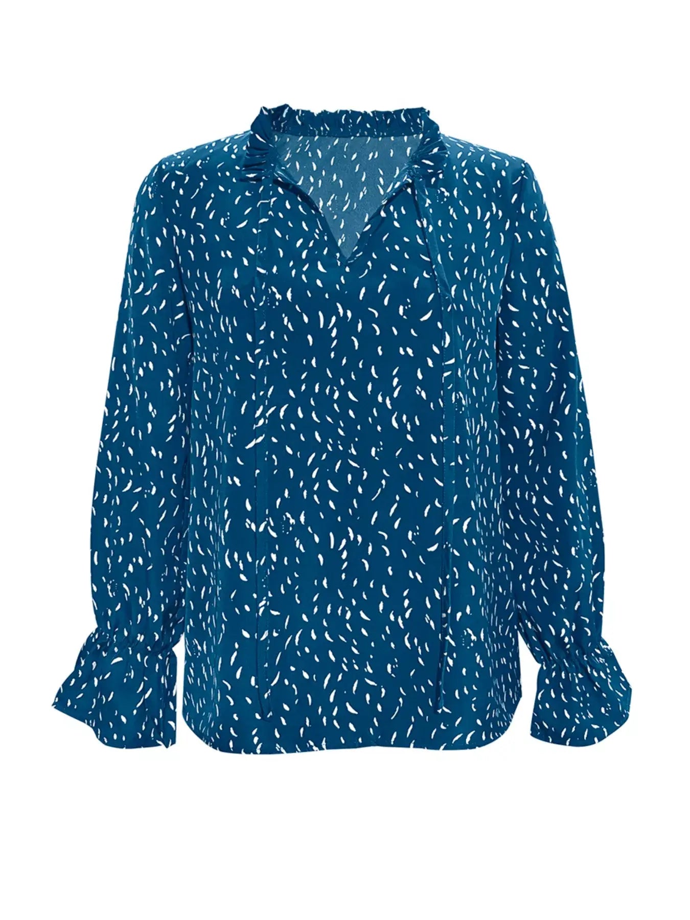 Ruffled Printed Tie Neck Long Sleeve Blouse - Trendsi - Flyclothing LLC