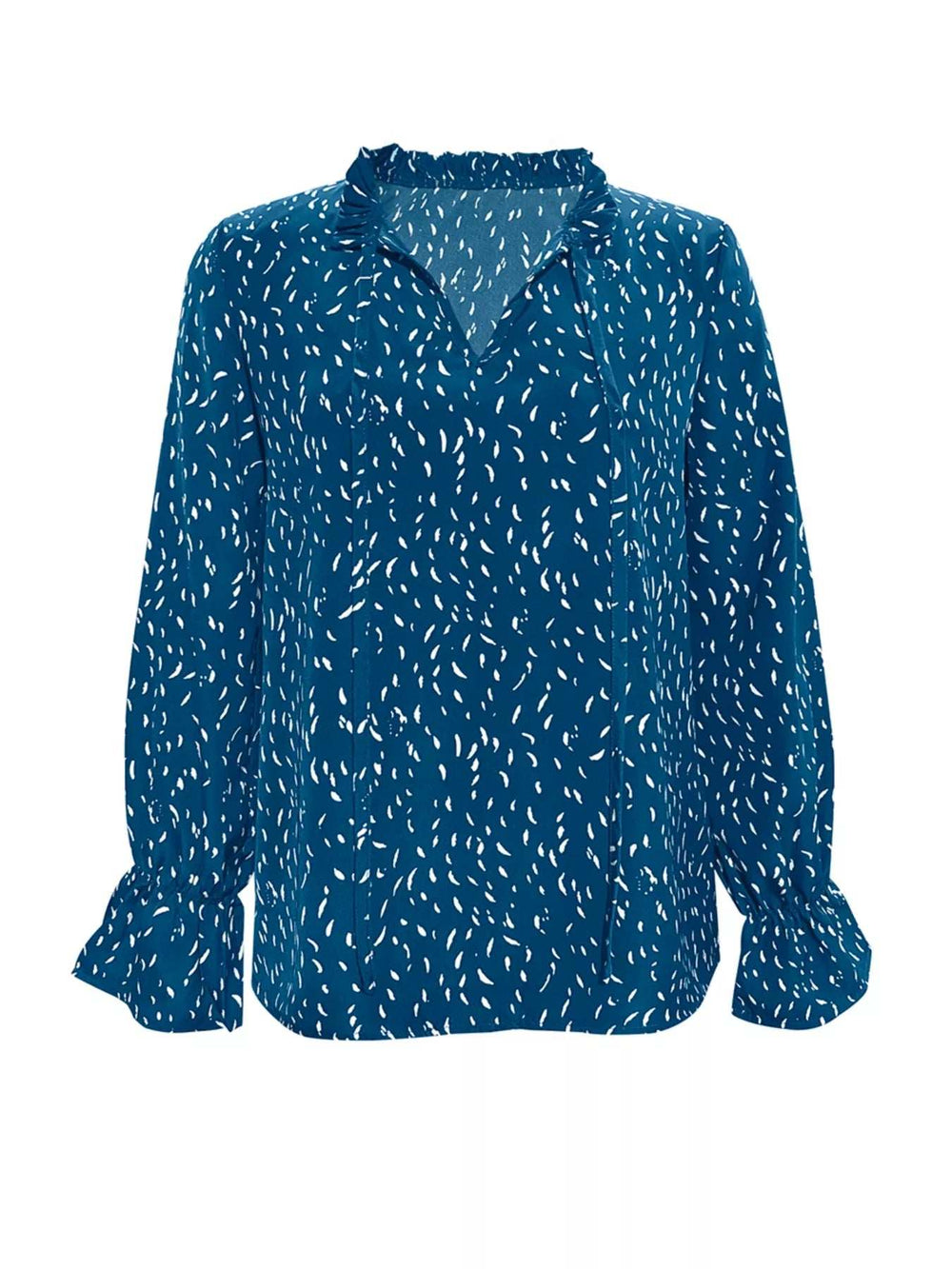 Ruffled Printed Tie Neck Long Sleeve Blouse - Trendsi - Flyclothing LLC