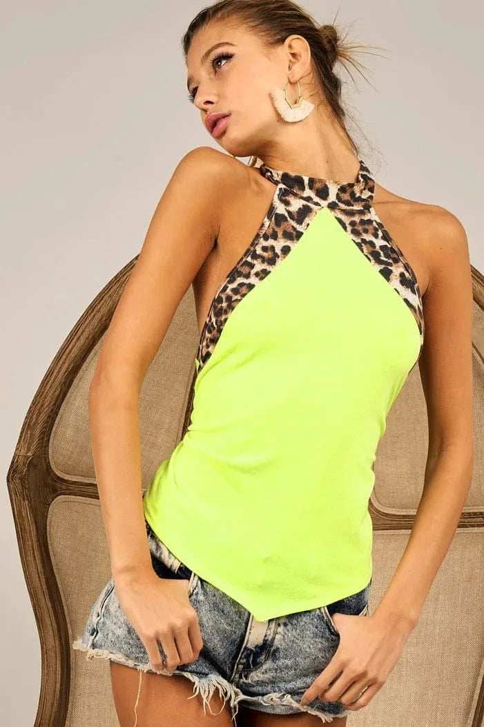 BiBi Triblend Leopard Halter Neck Tied Detailed Top - Trendsi - Flyclothing LLC