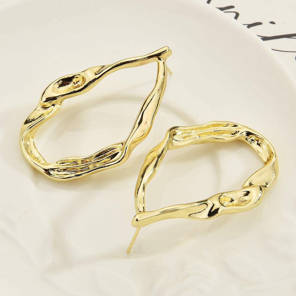 Organic Irregular Water Drop Hoop Earrings, Hammered Liquid Texture Gold Open Hoops, Minimal Quiet Luxury Women Jewelry For Europe Spain - My Store - Flyclothing LLC