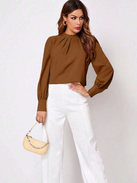 Ruched Mock Neck Long Sleeve Blouse - Trendsi - Flyclothing LLC