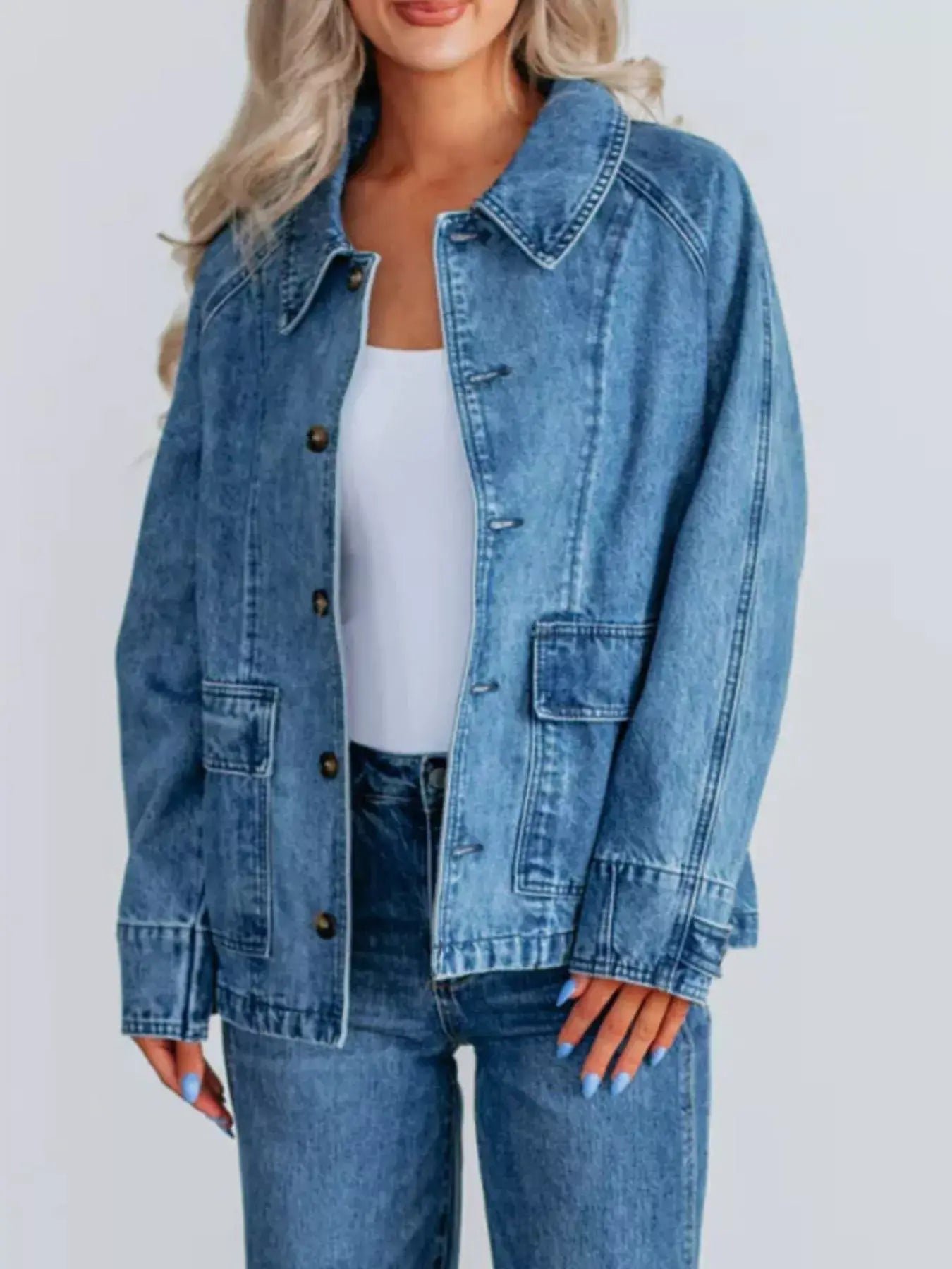 Button Up Raglan Sleeve Denim Jacket - Trendsi - Flyclothing LLC