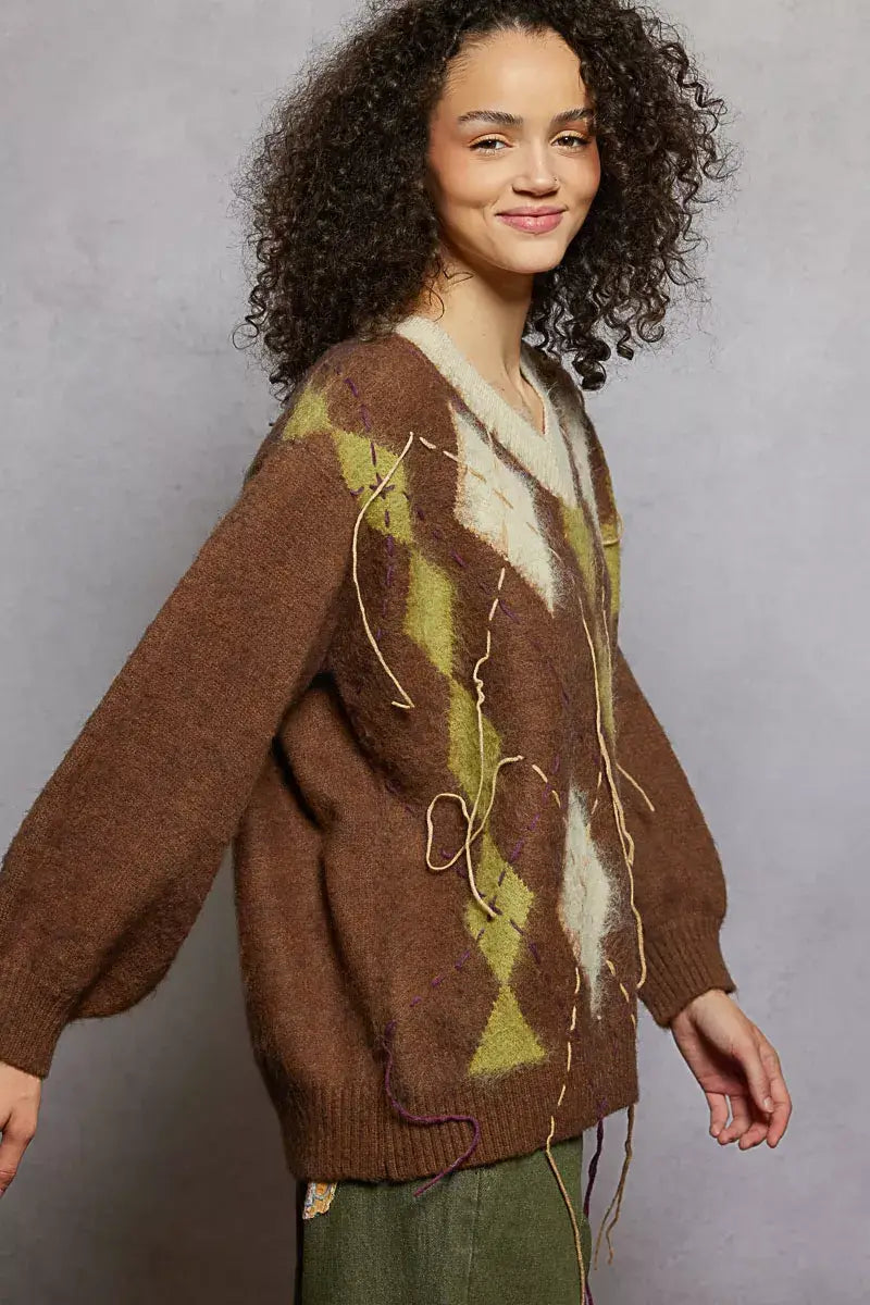 POL V-Neck Argyle Pattern Mohair Sweater with Contrast Exposed Stitch Detail - Trendsi - Flyclothing LLC