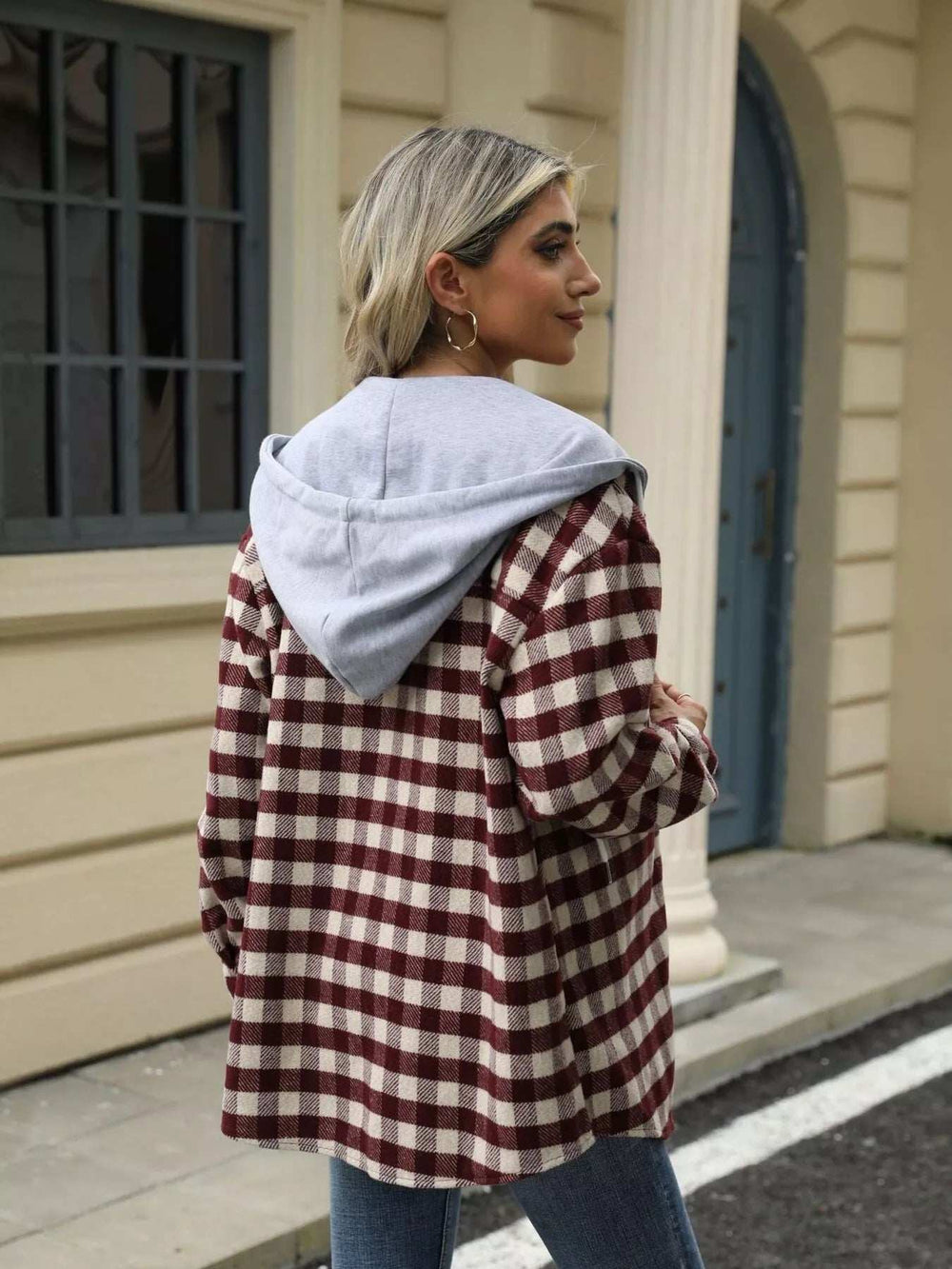 Plaid Button Up Long Sleeve Drawstring Hooded Jacket - Trendsi - Flyclothing LLC