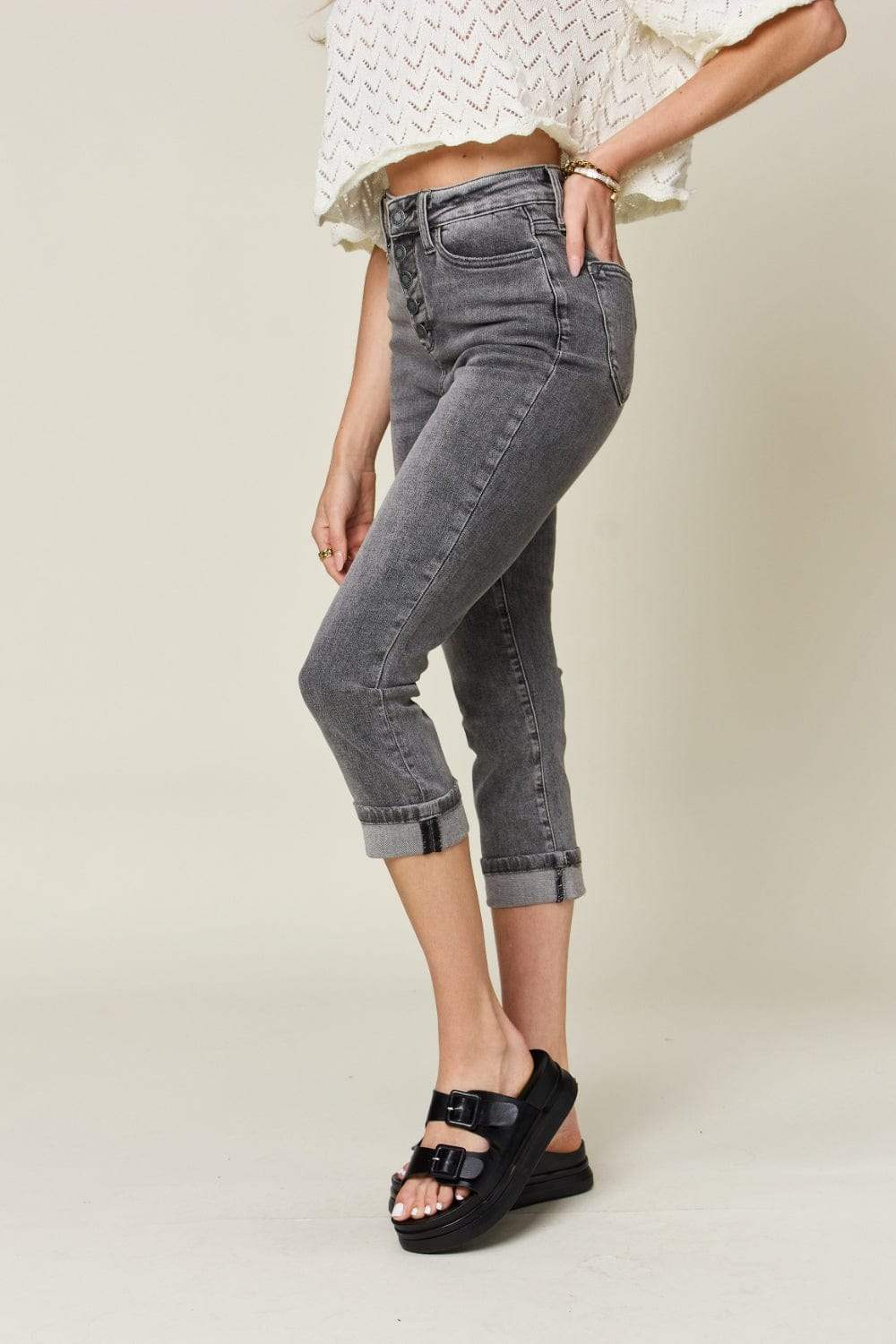 Judy Blue Full Size Button Fly High Waist Cuffed Capris - Trendsi - Flyclothing LLC