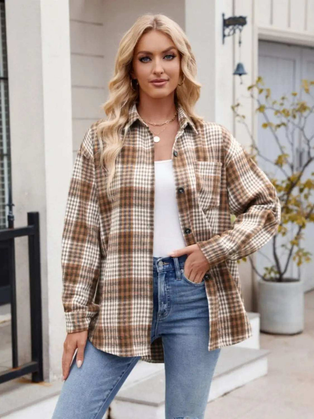 Pocketed Plaid Collared Neck Long Sleeve Shirt - Trendsi - Flyclothing LLC