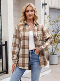 Pocketed Plaid Collared Neck Long Sleeve Shirt - Trendsi - Flyclothing LLC