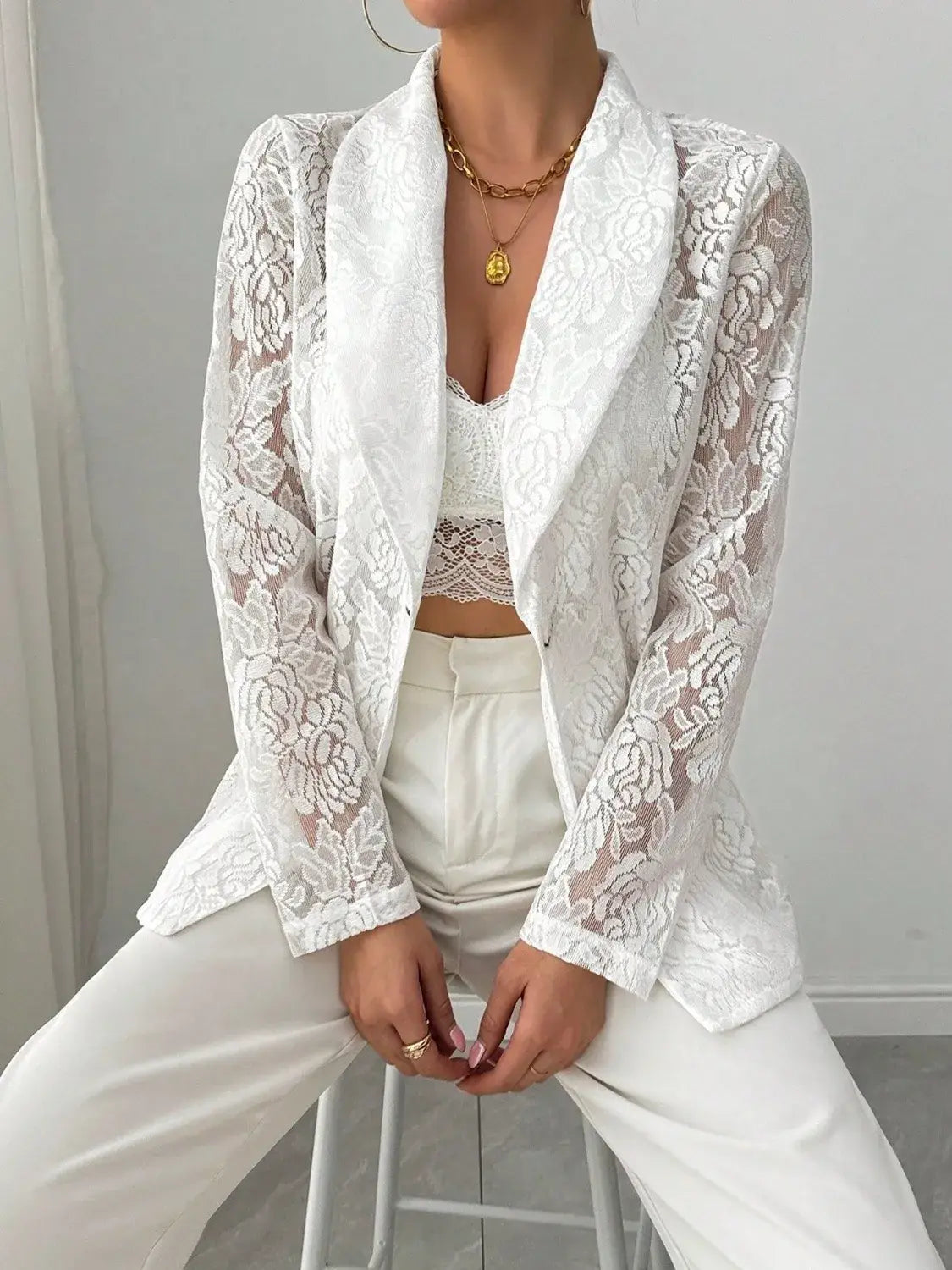 Lace Lapel Collar Long Sleeve Blazer - Trendsi - Flyclothing LLC