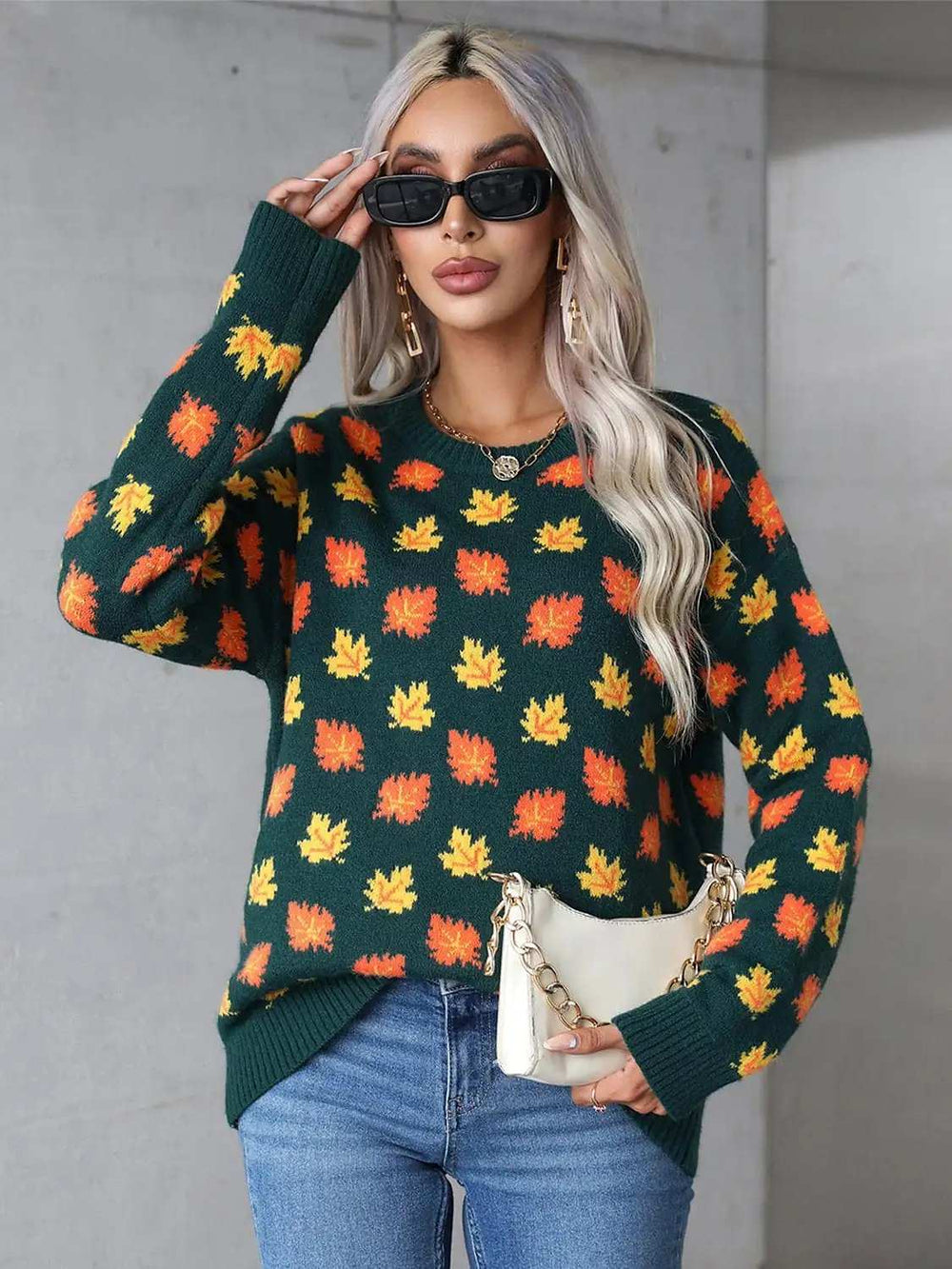 Angel Wings Maple Leaf Round Neck Long Sleeve Sweater - Trendsi - Flyclothing LLC