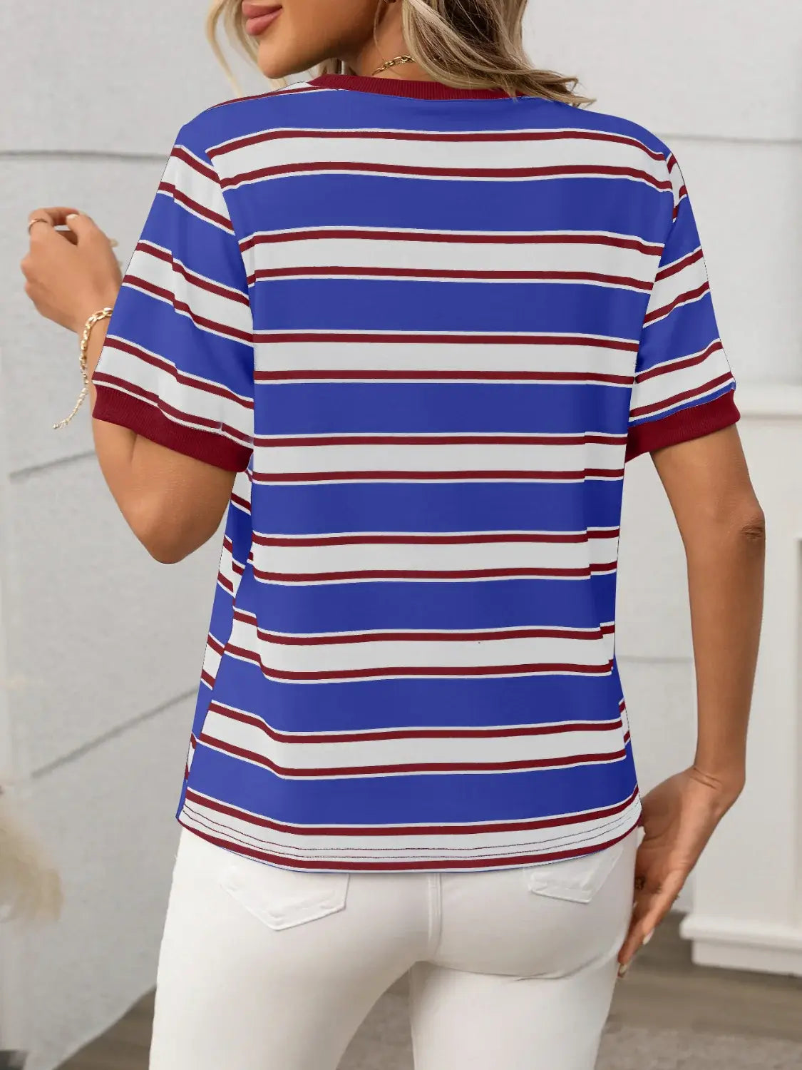Contrast Striped Round Neck Short Sleeve T-Shirt - Trendsi - Flyclothing LLC